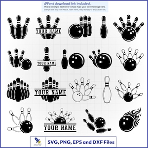 Op de afbeelding: Een verzameling zwart-wit vectorgraphics met bowlingballen en kegels in diverse opstellingen, waaronder enkele met de tekst 'YOUR NAME'. De afbeelding bevat de tekst 'Font download link included' en 'SVG, PNG, EPS and DXF Files'.