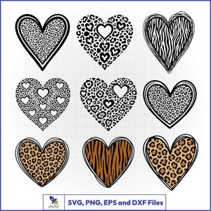 Può includere: Una collezione di nove disegni grafici a forma di cuore disposti in una griglia tre per tre. I cuori presentano vari motivi animalier in bianco e nero o marrone e nero, inclusi leopardo e zebra. Il testo in basso riporta SVG, PNG, EPS and DXF Files.
