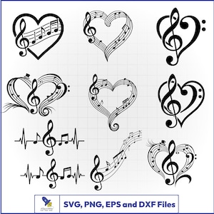May include: A collection of eleven black graphic designs featuring musical symbols, including treble and bass clefs, musical staves, and heart shapes. The bottom includes a logo and the text SVG, PNG, EPS and DXF Files on a white grid.