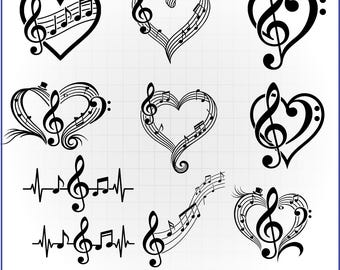 Musik Clipart SVG-paket, gitarrpianovektor, musiknotdekal, hörlursklippfil