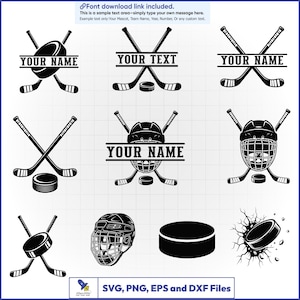 May include: A collection of black and white vector graphics featuring ice hockey themes, including crossed hockey sticks, pucks, and helmets. Several designs incorporate a horizontal bar with the placeholder text YOUR NAME or YOUR TEXT.