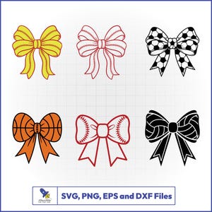 May include: Six vector bow designs in yellow, red, black, and orange, each representing a different sport: baseball, basketball, and soccer. The image includes the text "SVG, PNG, EPS and DXF Files".