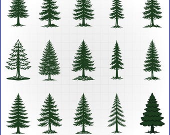 May include: A selection of dark green evergreen tree illustrations in different styles. The image features a range of tree designs, from simple silhouettes to detailed renderings. Text at the bottom reads "SVG, PNG, EPS and DXF Files".