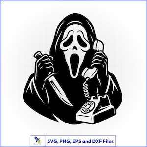 May include: A black and white graphic illustration of a hooded figure with a white mask featuring a wide, open mouth and eye sockets. The figure holds a knife in one hand and a corded rotary telephone handset in the other, with the base below.