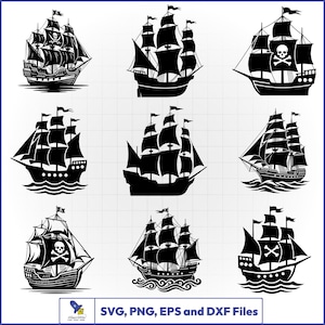 May include: A collection of nine black and white vector illustrations featuring various pirate ships with sails and skull and crossbones motifs. The bottom text reads SVG, PNG, EPS and DXF Files with a small logo icon on the left side.