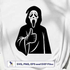 Peut inclure: Graphique noir et blanc du personnage de Ghostface du film d'horreur Scream, faisant un geste de pouce lev&eacute;. L'image comprend le texte "SVG, PNG, EPS et DXF Files" dans un petit encadr&eacute; en bas.