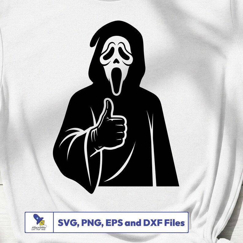 Peut inclure: Graphique noir et blanc du personnage de Ghostface du film d'horreur Scream, faisant un geste de pouce lev&eacute;. L'image comprend le texte "SVG, PNG, EPS et DXF Files" dans un petit encadr&eacute; en bas.