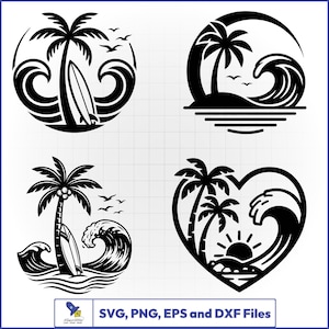 May include: Black and white beach-themed digital art featuring palm trees, waves, and surfboards. Designs include circular, island, and heart shapes. The text "SVG, PNG, EPS and DXF Files" is at the bottom.