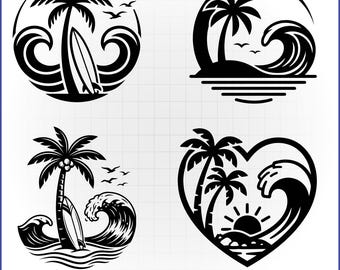 Tropisk strand SVG-paket, palmträdvågvektor, sommarsemestertröja, surfbrädedekal