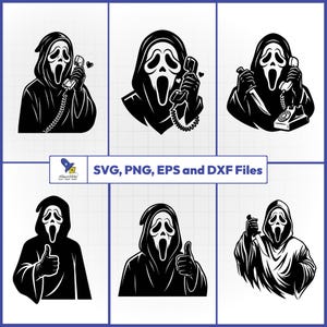 May include: A collection of black and white Scream-themed digital art files. The images feature the Ghostface character in various poses, including holding a phone, giving a thumbs up, and holding a knife. The text "SVG, PNG, EPS and DXF Files" is also included.
