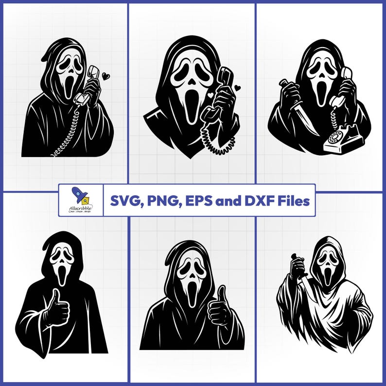 Peut inclure: Ensemble de fichiers d'art num&eacute;rique en noir et blanc sur le th&egrave;me de Scream. Les images pr&eacute;sentent le personnage de Ghostface dans diverses poses, notamment tenant un t&eacute;l&eacute;phone, faisant un pouce lev&eacute; et tenant un couteau. Le texte "SVG, PNG, EPS et DXF Files" est &eacute;galement inclus.