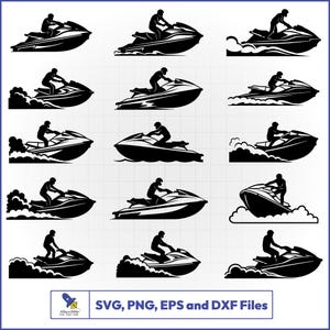 Puede incluir: Ilustraciones vectoriales en blanco y negro de motos acuáticas con pilotos en varias poses de acción. La imagen incluye múltiples diseños de motos acuáticas, adecuados para proyectos de arte digital y manualidades.