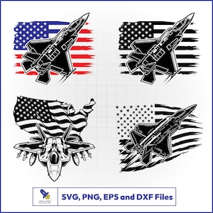 Könnte beinhalten: Schwarz-Weiß-Illustrationen von Kampfflugzeugen mit Hintergründen der amerikanischen Flagge. Die Designs umfassen Jets mit der Flagge in verschiedenen Stilen, einschließlich einer Karte der USA. Der Text "SVG, PNG, EPS und DXF Files" ist ebenfalls vorhanden.