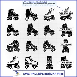 Könnte beinhalten: Eine Sammlung von Rollschuh-Designs in Schwarz und Weiß. Einige Designs enthalten Textbereiche zur individuellen Gestaltung. Das Bild enthält auch den Text "SVG, PNG, EPS und DXF Files" und einen Hinweis auf einen Schriftart-Download-Link.