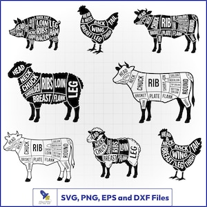 May include: A collection of black and white butcher shop diagrams featuring silhouettes of a pig, chickens, cows, and sheep. Each animal is divided into labeled sections indicating meat cuts with text. A small logo and the text SVG, PNG, EPS and DXF Files.