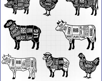 Butcher Meat Cuts SVG Bundle, Cow Pig Chicken Diagram, BBQ Apron Vector, Kitchen Decal