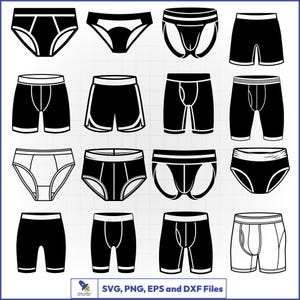 May include: A collection of sixteen black and white vector icons depicting various styles of underwear and boxer shorts. The bottom text reads SVG, PNG, EPS and DXF Files. Each icon features a distinct silhouette, including briefs, trunks, and boxers.