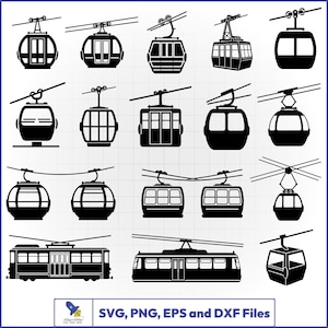 May include: A set of black and white line drawings depicting cable cars, gondolas, and a tram. These vector images are ideal for digital design. The text at the bottom right reads: SVG, PNG, EPS and DXF Files.