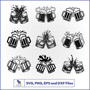 Puede incluir: Ilustraciones vectoriales en blanco y negro de jarras de cerveza y vasos de whisky chocando, con salpicaduras de líquido. La imagen incluye cubitos de hielo. El texto en la parte inferior dice "SVG, PNG, EPS y DXF Files."