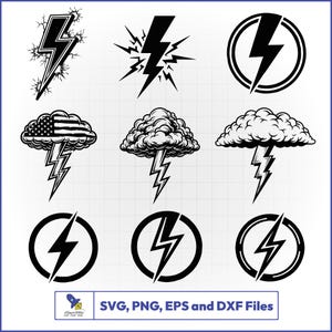 Lightning Bolt SVG Bundle, Storm Cloud Vector, Electrician Decal, Lineman Shirt, Flash Symbol