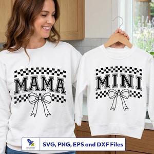 Mama and Mini SVG, Checkered Bow Matching Shirt, Mommy and Me Coquette Vector