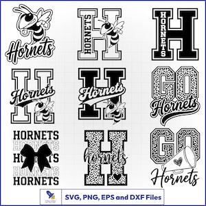 May include: A collection of nine black and white digital graphic designs featuring the word Hornets, the letter H, a hornet mascot, a megaphone, and a bow. The designs include leopard print patterns and heart shapes, labeled with SVG, PNG, EPS and DXF Files.