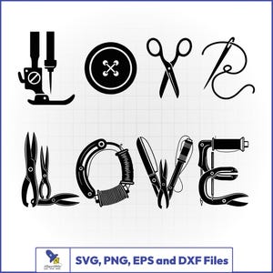 Paquete SVG "Me encanta coser", regalo de costurera, clipart de acolchado, máquina de coser, tijeras y aguja