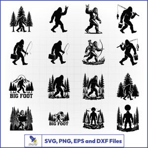 May include: A selection of black and white Bigfoot-themed graphics. The images show Bigfoot in different poses, such as fishing, carrying a briefcase, and giving a rock-and-roll hand gesture. Some designs include pine trees and the text "BIG FOOT". The bottom of the image includes the text "SVG, PNG, EPS and DXF Files".