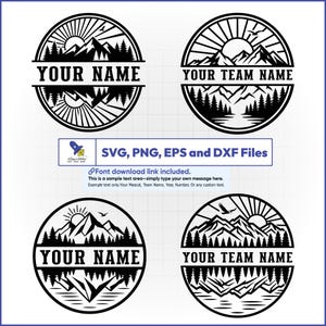 以下が含まれることがあります： 山と森のシーンを描いた、白黒の円形デザインが4つあります。「YOUR NAME」と「YOUR TEAM NAME」の文字、さらに「SVG、PNG、EPS、DXFファイル」とフォントダウンロードリンクに関するメモが含まれています。