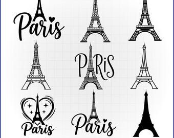 May include: A collection of nine black graphic designs featuring the Eiffel Tower in various styles, including silhouettes, line art, and outlines, with some designs incorporating the word Paris in script font and small heart or star accents.