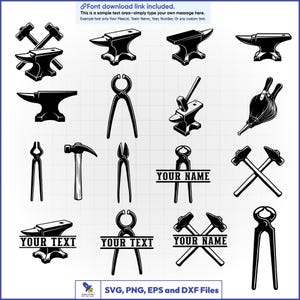 May include: A collection of black and white vector illustrations featuring blacksmithing tools including anvils, hammers, and tongs. Several designs incorporate customizable text placeholders reading YOUR NAME or YOUR TEXT in a bold serif font.