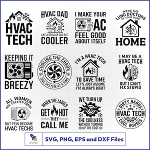 以下が含まれることがあります： 黒と白のHVACをテーマにしたデザインのコレクション。デザインには、エアコンユニット、炎、雪の結晶など、HVAC技術者に関連するテキストとグラフィックが含まれています。デザインはSVG、PNG、EPS、DXFファイル形式で利用できます。