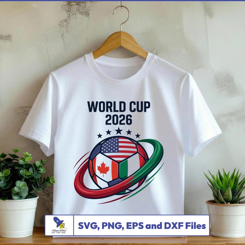 May include: White t-shirt featuring a soccer ball design with the flags of the USA, Canada, and Italy, encircled by red and green arcs. The text "WORLD CUP 2026" is above the ball, with stars. The bottom text reads "SVG, PNG, EPS and DXF Files".