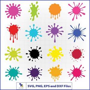 May include: A collection of sixteen colorful paint splatters and drips in various shapes and hues including pink, lime green, orange, red, cyan, purple, blue, black, yellow, magenta, teal, and dark purple, with text reading SVG, PNG, EPS and DXF Files.