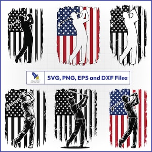 May include: Collection of golf-themed graphics featuring a golfer in action against a distressed American flag backdrop. The designs are in black and white, and red, white, and blue. Text reads: SVG, PNG, EPS and DXF Files.