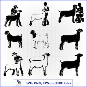 May include: A collection of nine black and white digital illustrations featuring goats and individuals showing goats. The graphics include silhouettes and outlined figures of goats in various stances, with text at the bottom reading SVG, PNG, EPS and DXF Files.