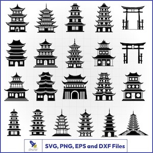 中国のパゴダSVGバンドル、アジアの寺院ベクター、禅庭園デカール、日本の建築カットファイル