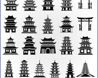 Paquete de archivos SVG de pagodas chinas, vectores de templos asiáticos, calcomanías de jardines zen, archivos de corte de arquitectura japonesa.