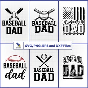 Könnte beinhalten: Eine Sammlung von Baseball-Designs mit dem Text "BASEBALL DAD". Die Designs umfassen Basebälle, gekreuzte Schläger und ein amerikanisches Flaggenmotiv. Erhältlich in den Formaten SVG, PNG, EPS und DXF.