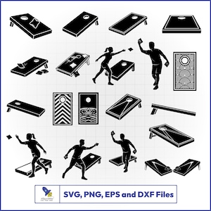 Paquete de archivos SVG para Cornhole, vector para lanzamiento de bolsas de frijoles, silueta de jugador, calcomanía para tablero.