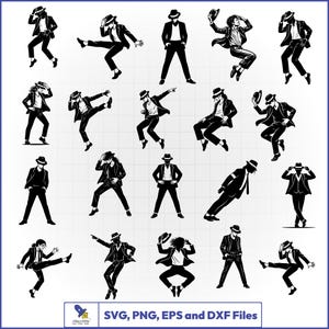 May include: A collection of twenty black and white vector illustrations depicting a dancer in a suit and fedora performing various dance moves. The bottom includes a logo and the text SVG, PNG, EPS and DXF Files on a white grid background.