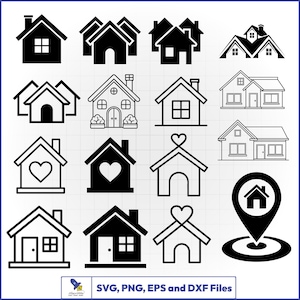 May include: A collection of sixteen black and white house icons featuring various architectural styles, including solid silhouettes and line art designs, some with heart motifs or location pins, and text at the bottom reading SVG, PNG, EPS and DXF Files.