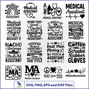 May include: A collection of sixteen black and white digital graphic designs featuring medical assistant themes, including stethoscopes, heart rhythms, syringes, and various motivational phrases like Medical Assistant, MA, and MedicalAssistantLife.