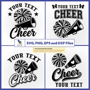 Könnte beinhalten: Vier schwarz-weiße digitale Grafikdesigns mit Cheerleading-Motiven. Jedes Design enthält ein Megafon, einen Pompon und das Wort Cheer sowie Platzhalter für individuellen Text. Das Bild enthält den Text SVG, PNG, EPS and DXF Files.