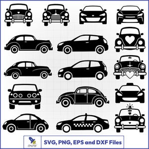 Puede incluir: Una colección de iconos de siluetas de coches en negro con varios estilos de vehículos, incluyendo modelos antiguos, sedanes modernos y un taxi. El conjunto incluye perfiles frontales y laterales, algunos con corazones. El texto inferior dice SVG, PNG, EPS and DXF Files.