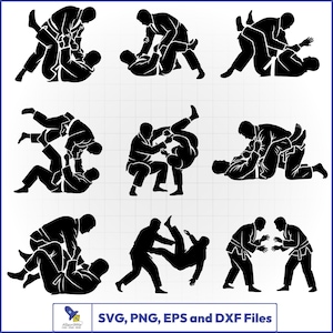 Pode incluir: Uma coleção de nove ilustrações em silhueta preta representando várias técnicas de grappling e posições de sparring de Jiu-Jitsu brasileiro. O gráfico inclui figuras vestindo gis tradicionais envolvidas em lutas de solo e em pé.