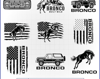 Paquete de archivos SVG de Bronco clásico, vector de vehículo todoterreno, calcomanía de caballo salvaje, bandera estadounidense