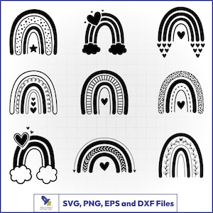 Puede incluir: Una colección de nueve ilustraciones digitales de arcoíris en blanco y negro con varios patrones como corazones, estrellas, estampado de leopardo y hojas. La parte inferior de la imagen incluye el texto SVG, PNG, EPS and DXF Files con un logo.