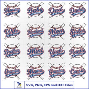Könnte beinhalten: Eine Sammlung von Baseball-Designs mit Familientiteln wie "Mama", "Papa" und "Opa". Jedes Design zeigt einen Baseball und gekreuzte Schläger, mit Text in einer Schreibschrift. Die Designs sind in den Formaten SVG, PNG, EPS und DXX verfügbar.