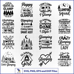 Könnte beinhalten: Eine Sammlung von sechzehn schwarz-weißen Grafikdesigns mit Camping- und Glamping-Motiven. Jedes Quadrat enthält eine einzigartige Typografie und Illustrationen von Wohnmobilen, Zelten, Lagerfeuern, Tannenbäumen und Marshmallows.